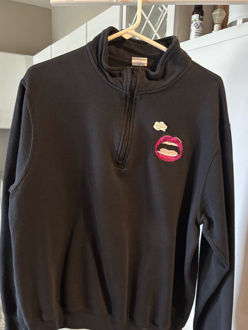 Black Men's Half-Zip Sweatshirt with Pink Lip Patch